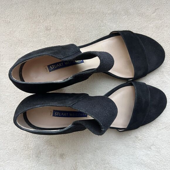 Stuart Weitzman Ezra 80 Black Suede Black Heel Sandal Women 5.5 Wide Strap Chic - Picture 4 of 13